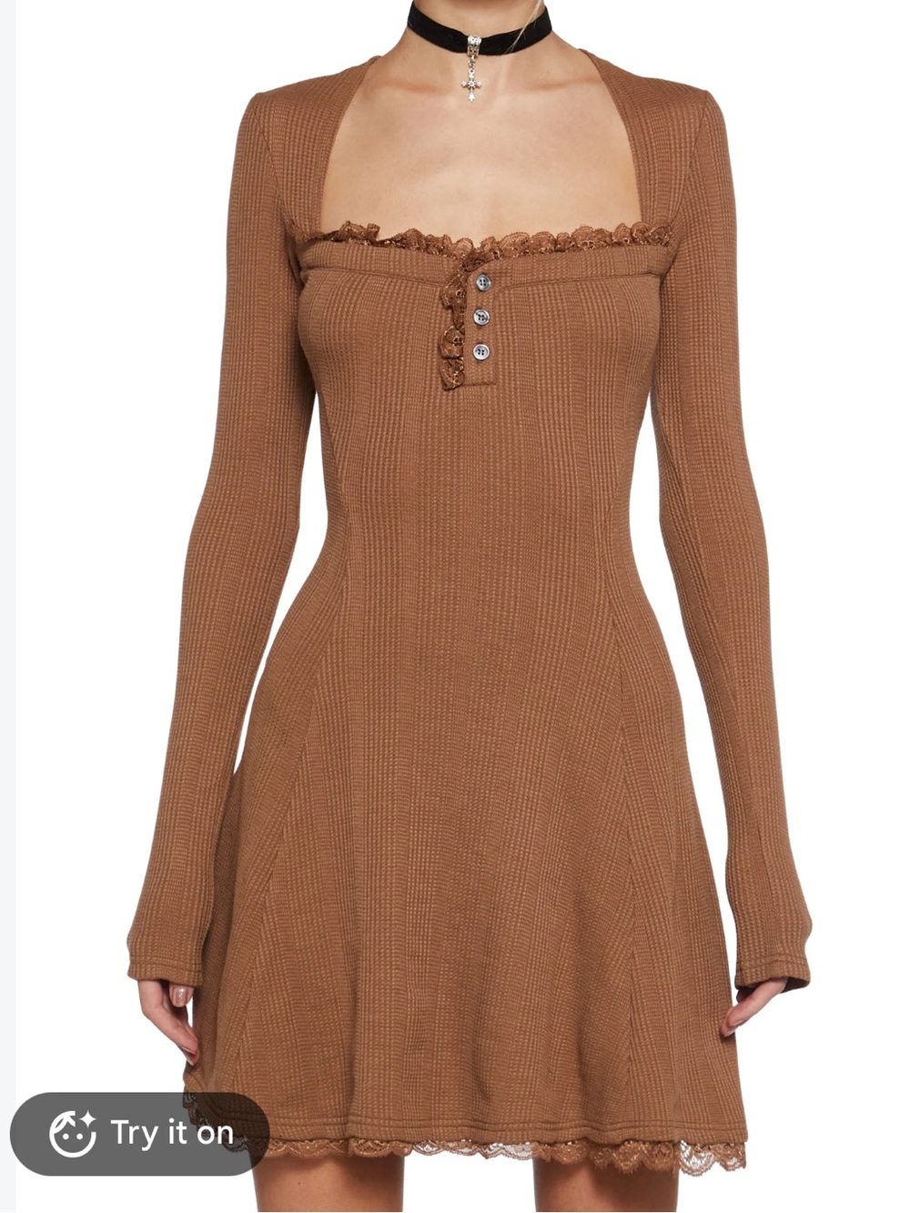 NWT Dolls Kill dELiA*s Brown Ribbed Lace-Trim Mini Dress